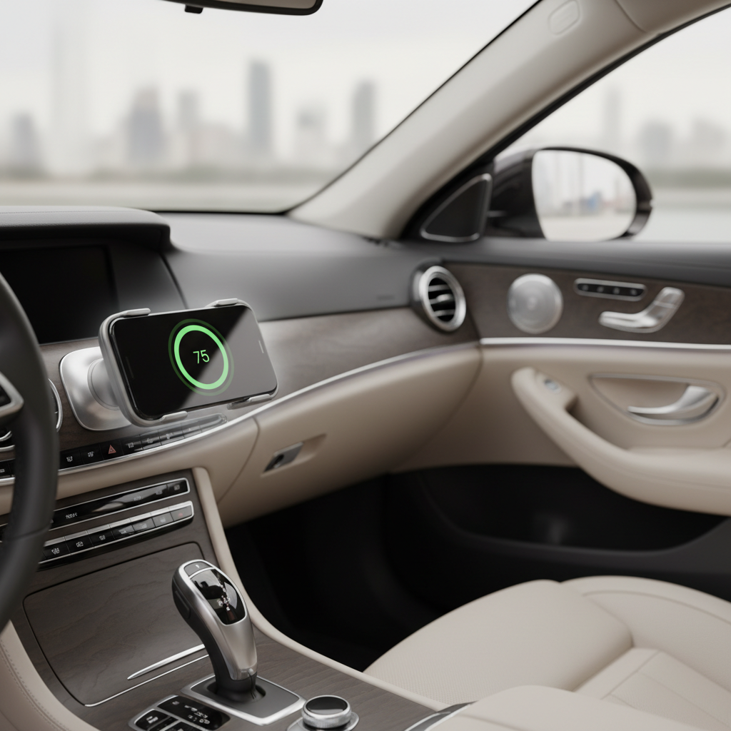 Wireless car charger mounted on dashboard charging a smartphone