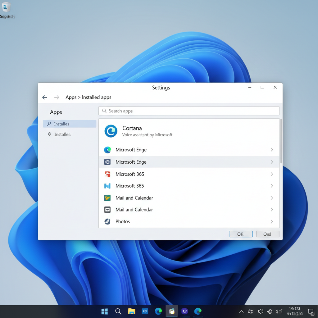 Windows 11 Settings and Cortana app management screen