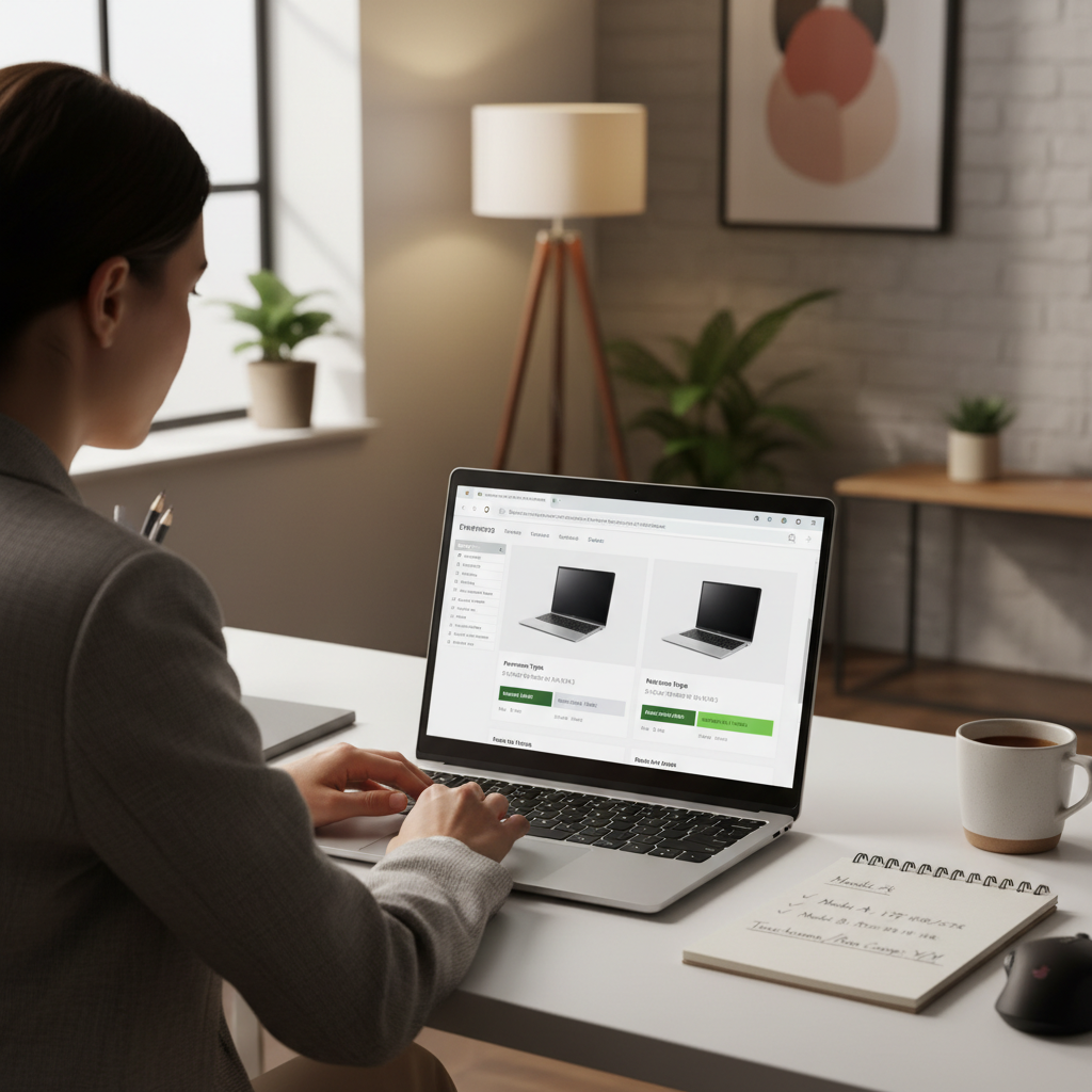 Person checking laptop specs and return policy on an online listing