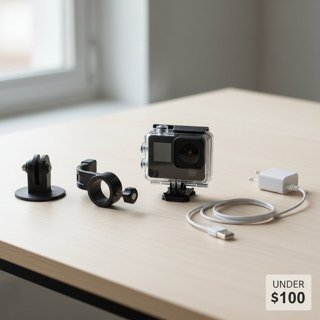 Budget action camera kit under $100 with mounts and accessories