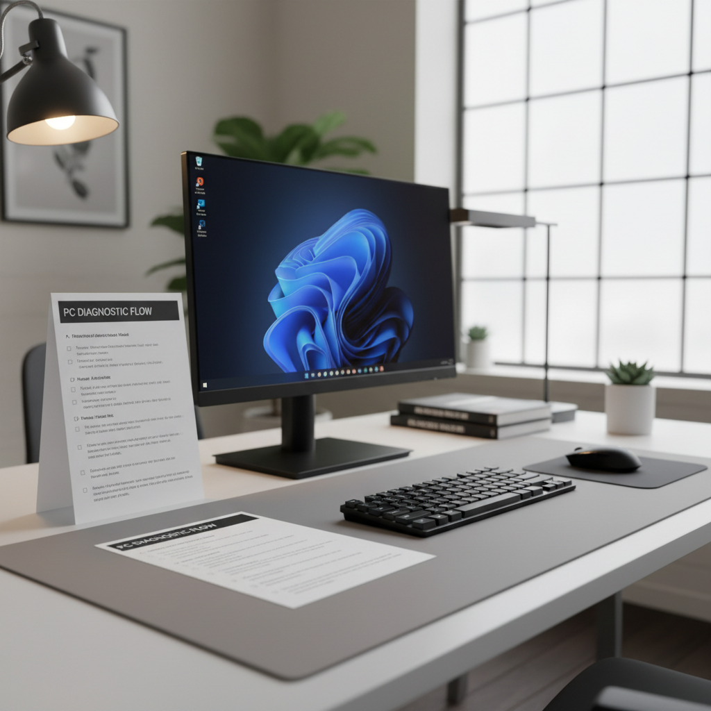Windows 11 troubleshooting checklist on a desk with a PC tower