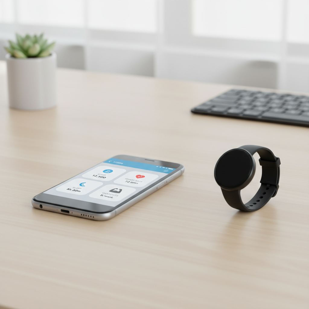 Smartphone app showing fitness watch setup and health metrics dashboard