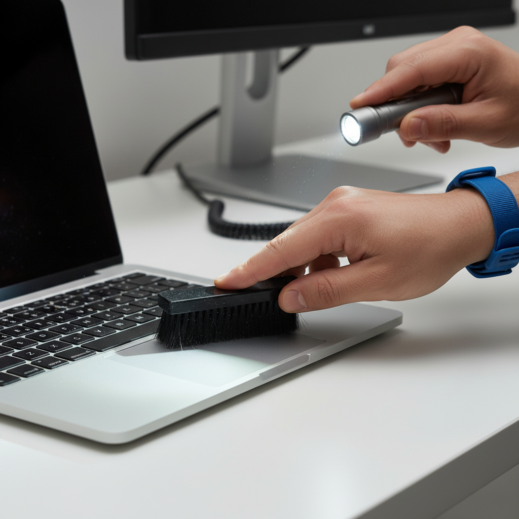 Using a soft brush and flashlight to clean laptop air vents