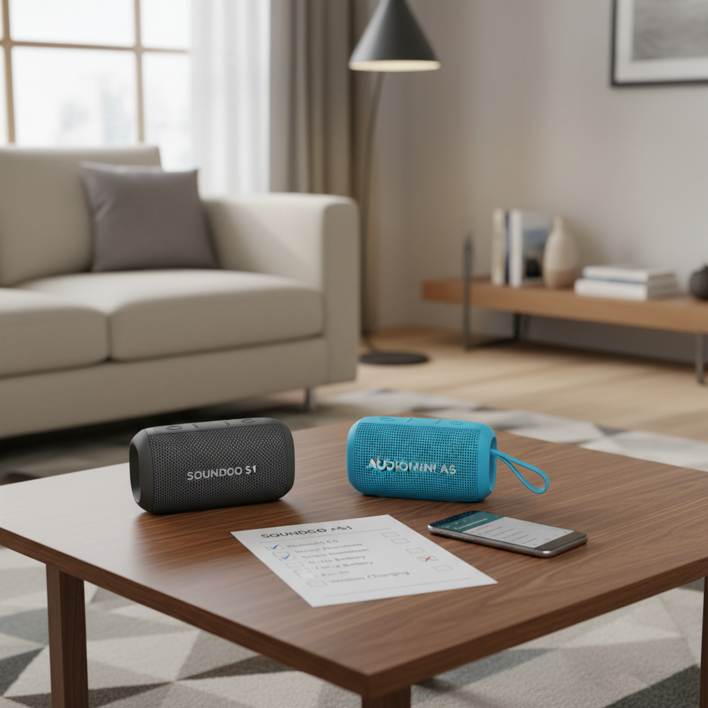 Comparing budget portable speakers at home with checklist and smartphone notes