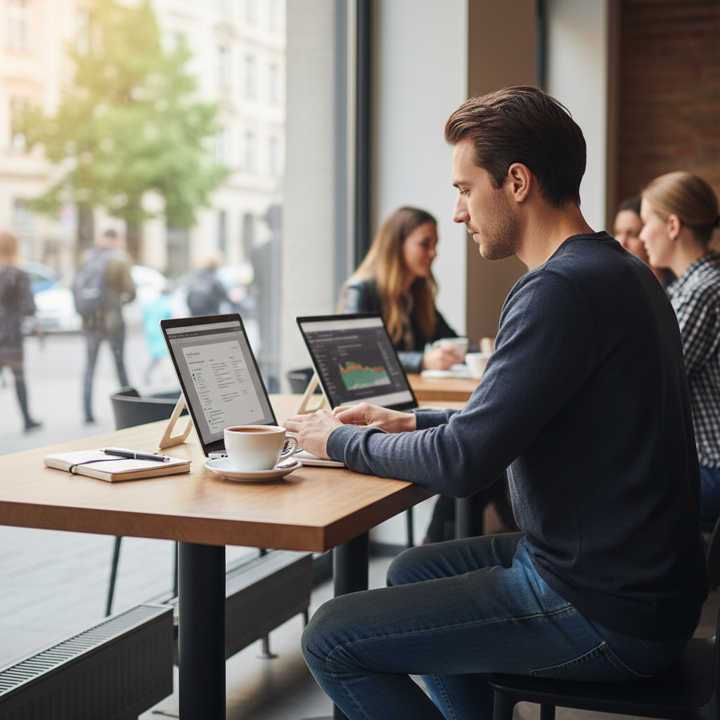 Traveler using a portable monitor with a laptop on a cafe table