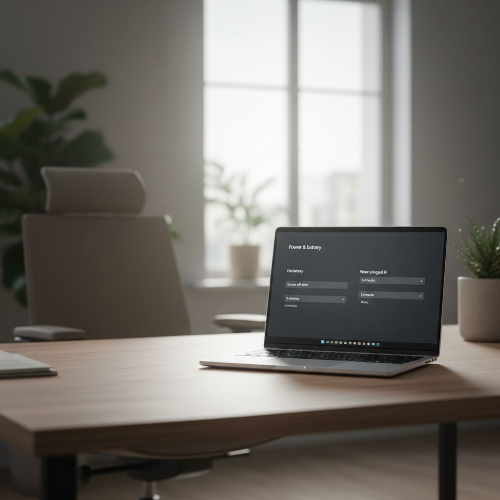 Laptop on a desk showing Windows 11 power settings with battery and plugged-in timeouts highlighted