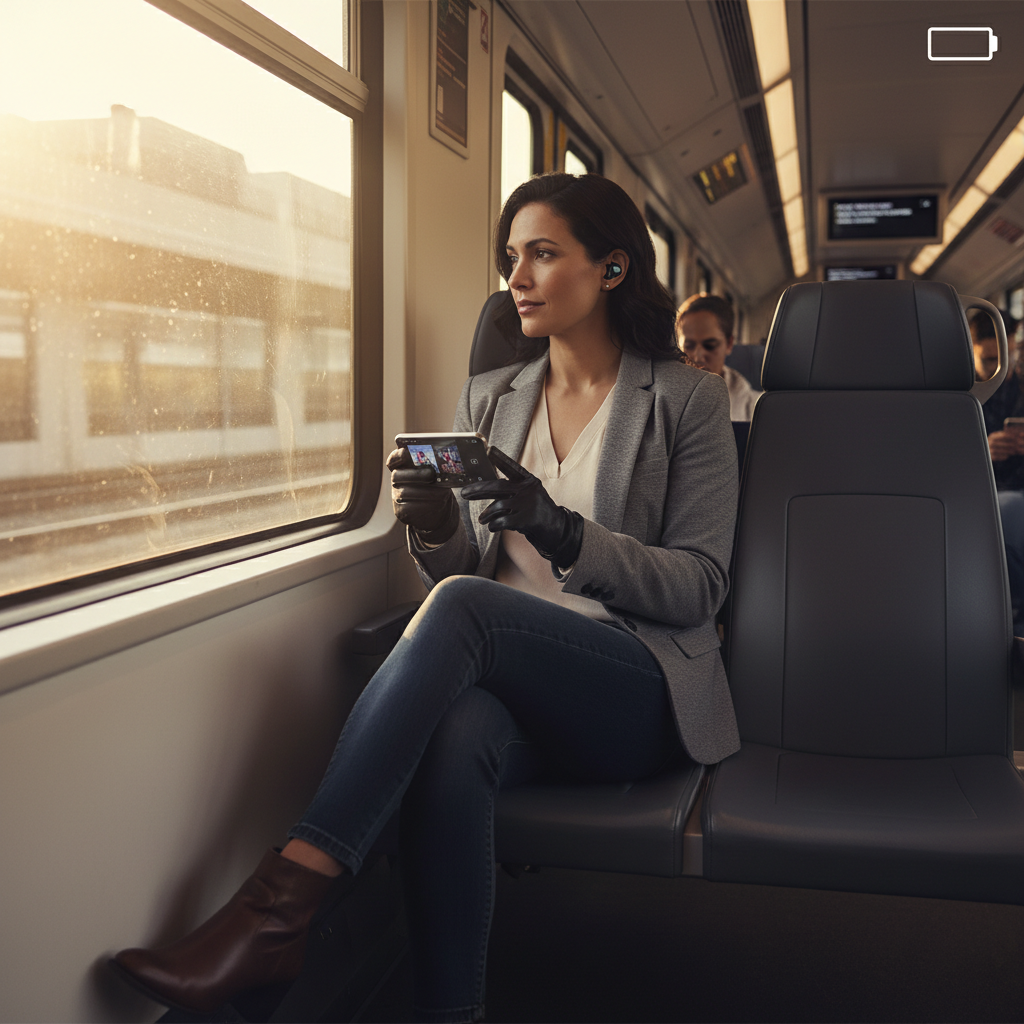 Person commuting with budget earbuds focusing on all-day battery use
