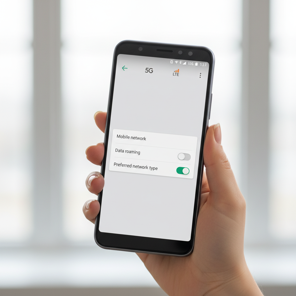 Android phone showing 5G and LTE network status icons in a settings context