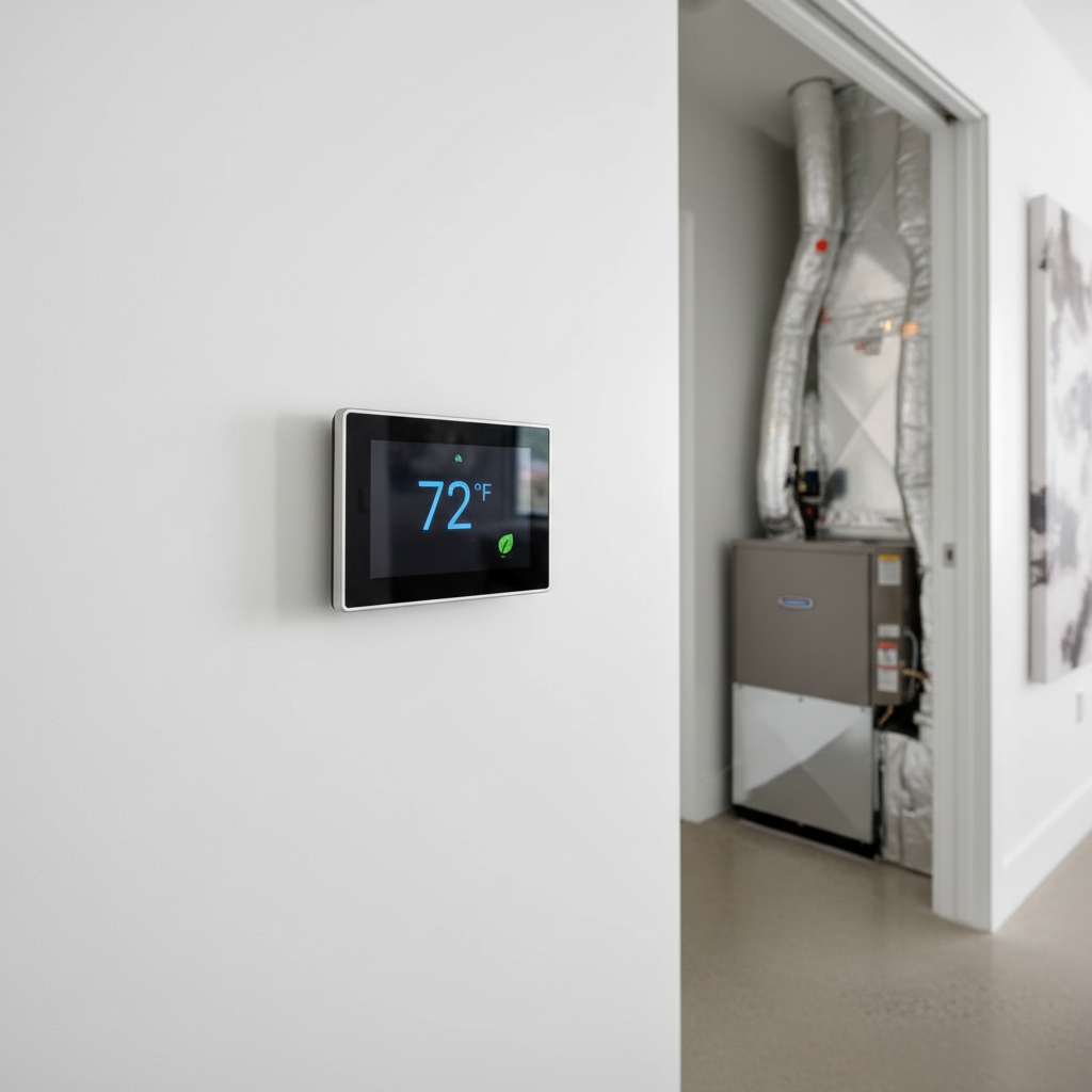 Smart thermostat installed on a modern home wall with HVAC system context