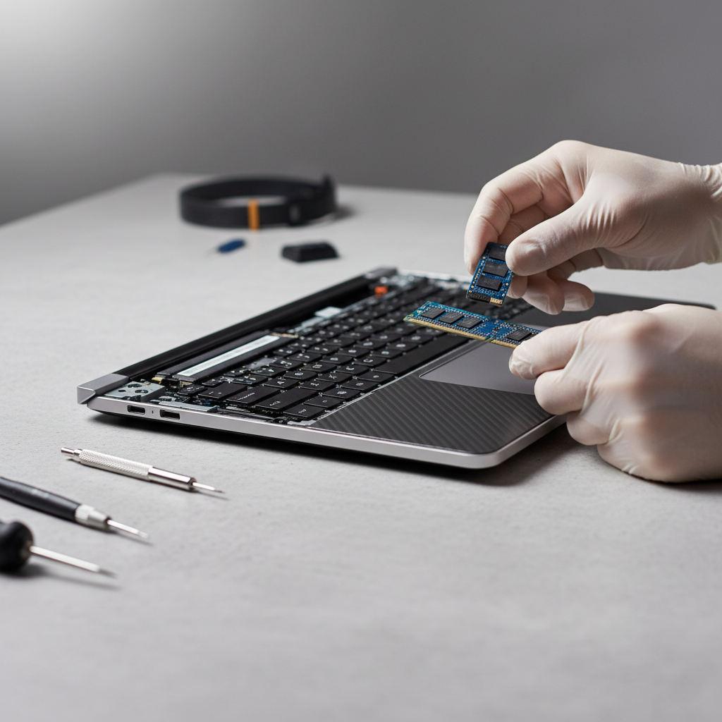 Technician comparing SSD and RAM upgrades for a Windows 11 PC