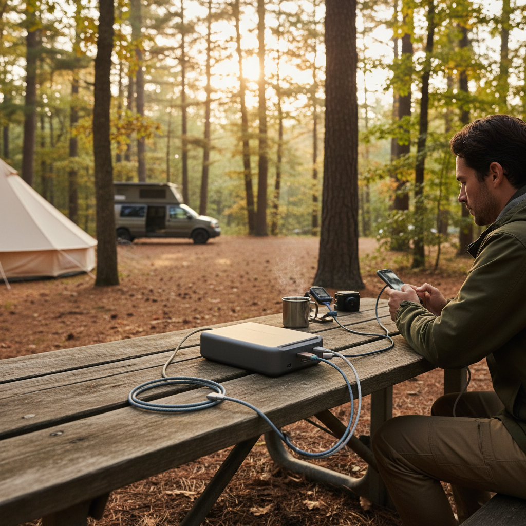 Camper charging devices from a high-capacity power bank at a picnic table