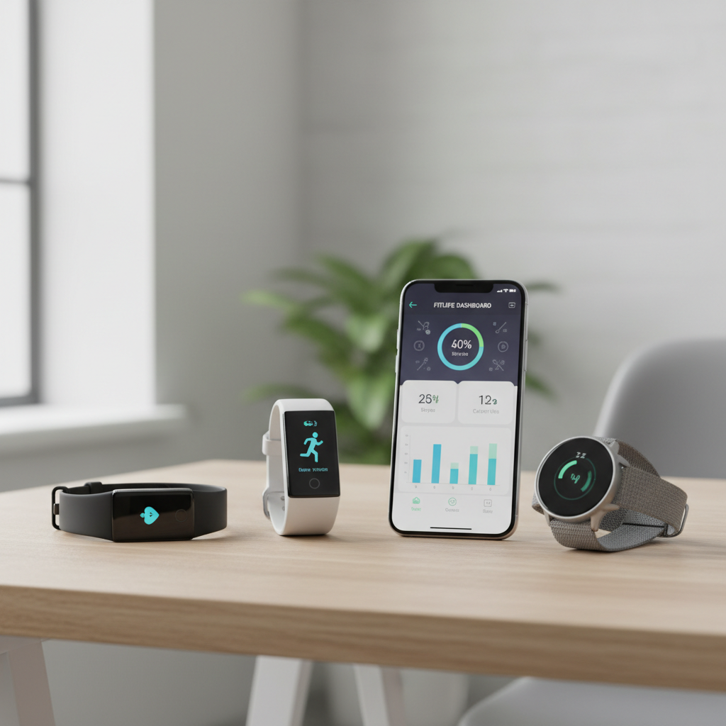 Budget fitness trackers on a desk with a smartphone health app