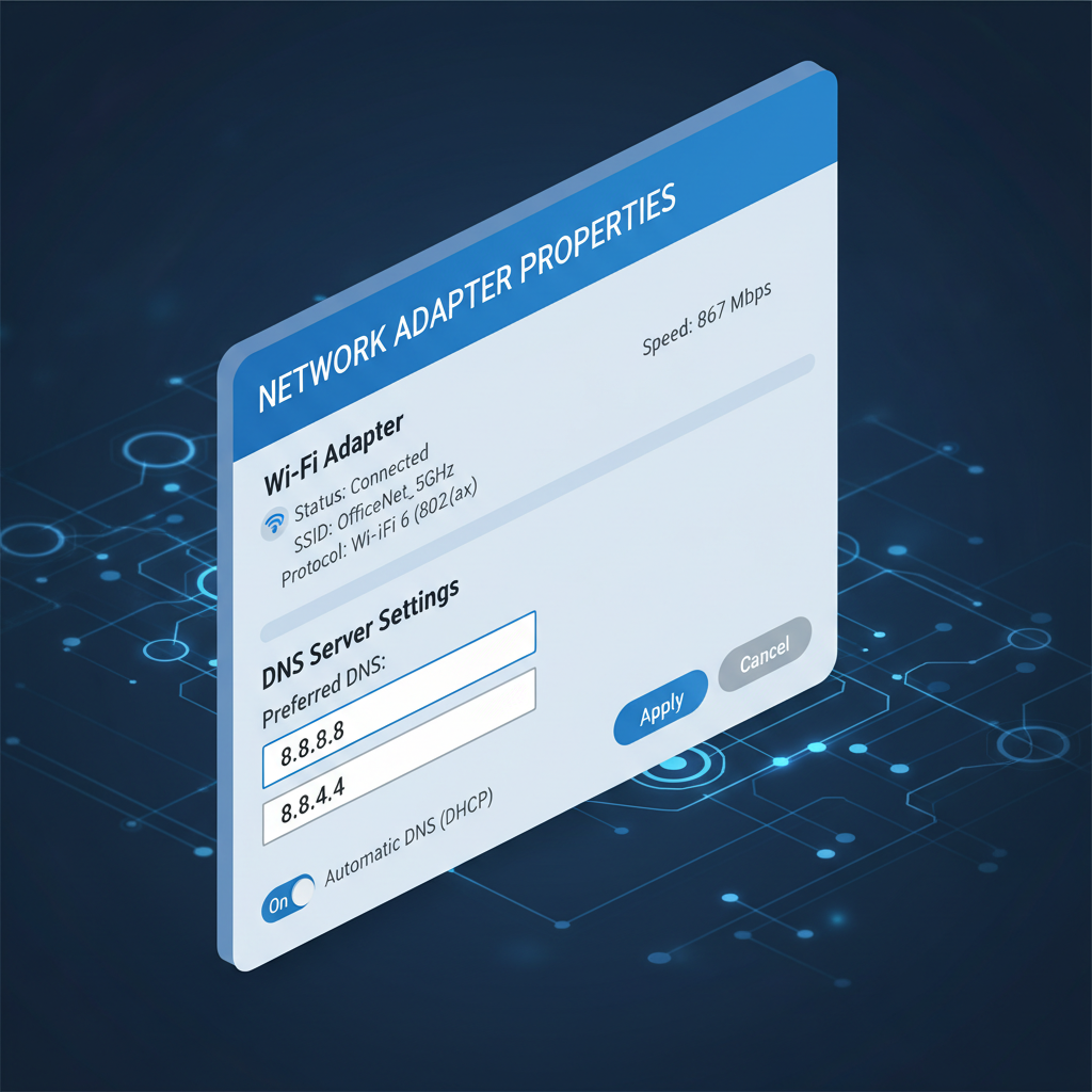 Network settings screen showing DNS server fields and WiFi adapter properties