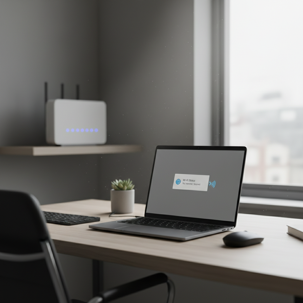 Windows laptop showing No Internet Secured WiFi status and router on desk