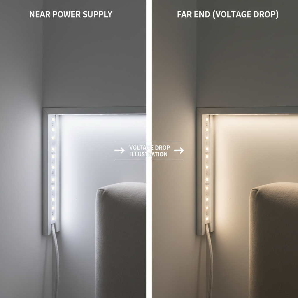 LED strip voltage drop comparison showing dim end versus bright start