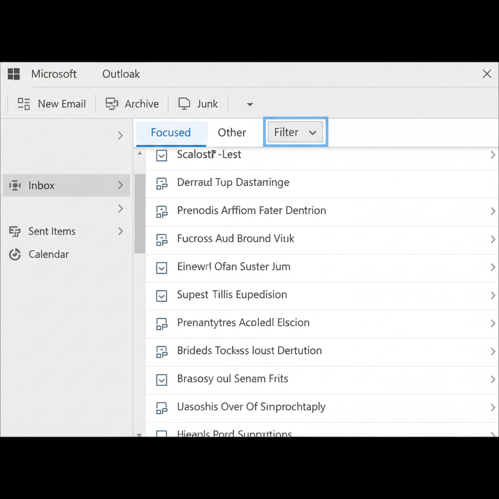 Outlook inbox with focused inbox toggle and filter menu highlighted