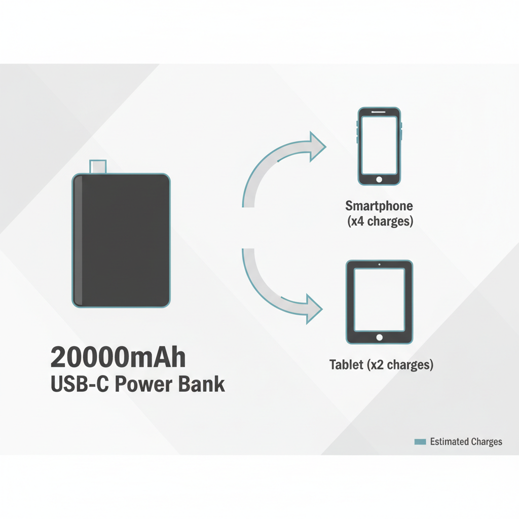 Simple chart showing estimated charges from a 20000mAh USB-C power bank for phone and tablet