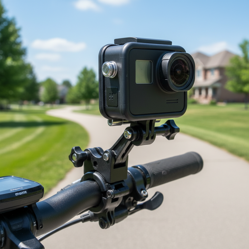 Action camera mounted on a bike handlebar outdoors in daylight