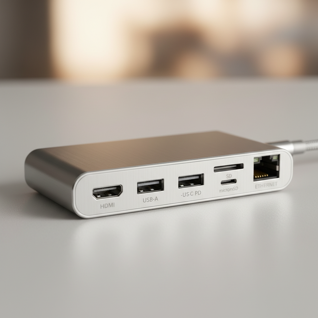 Close-up of USB-C hub ports showing HDMI USB-A SD card reader and Ethernet