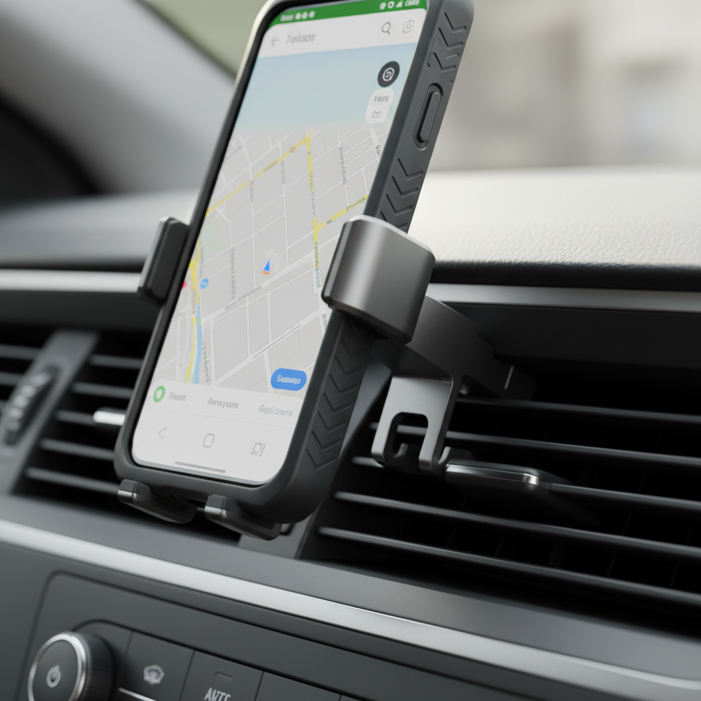 Close-up of a vent phone mount clamp gripping a smartphone with a thick case