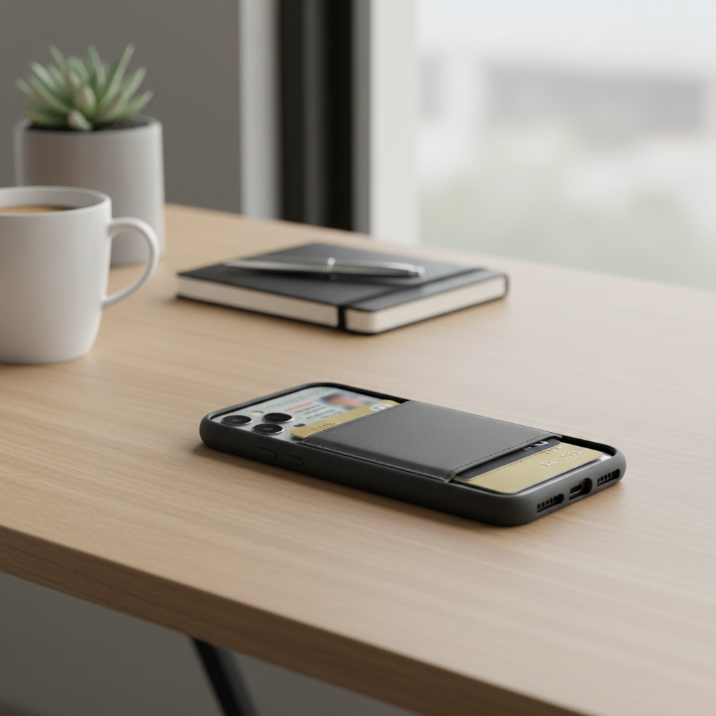 Smartphone case with card holder holding ID and credit card on a modern desk