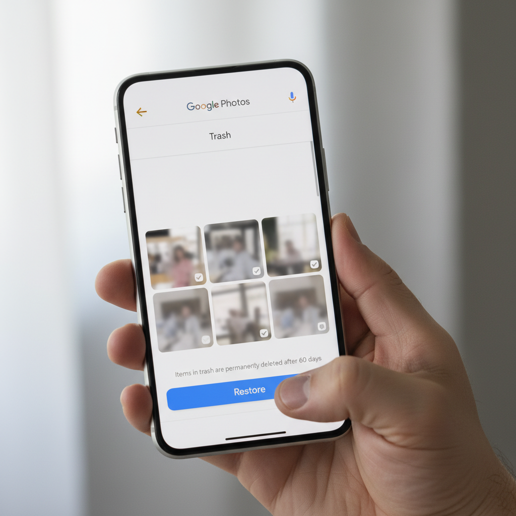 Android phone showing Google Photos Trash and restore options