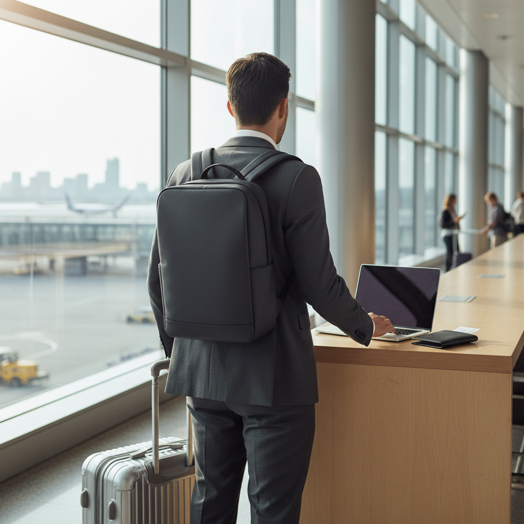 Professional commuter using a laptop backpack in an airport terminal