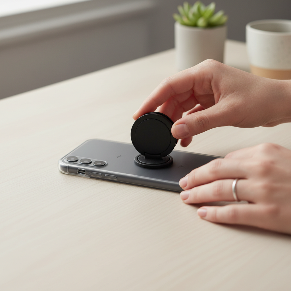 Hand placing a phone grip on a phone case with alignment marks for correct placement