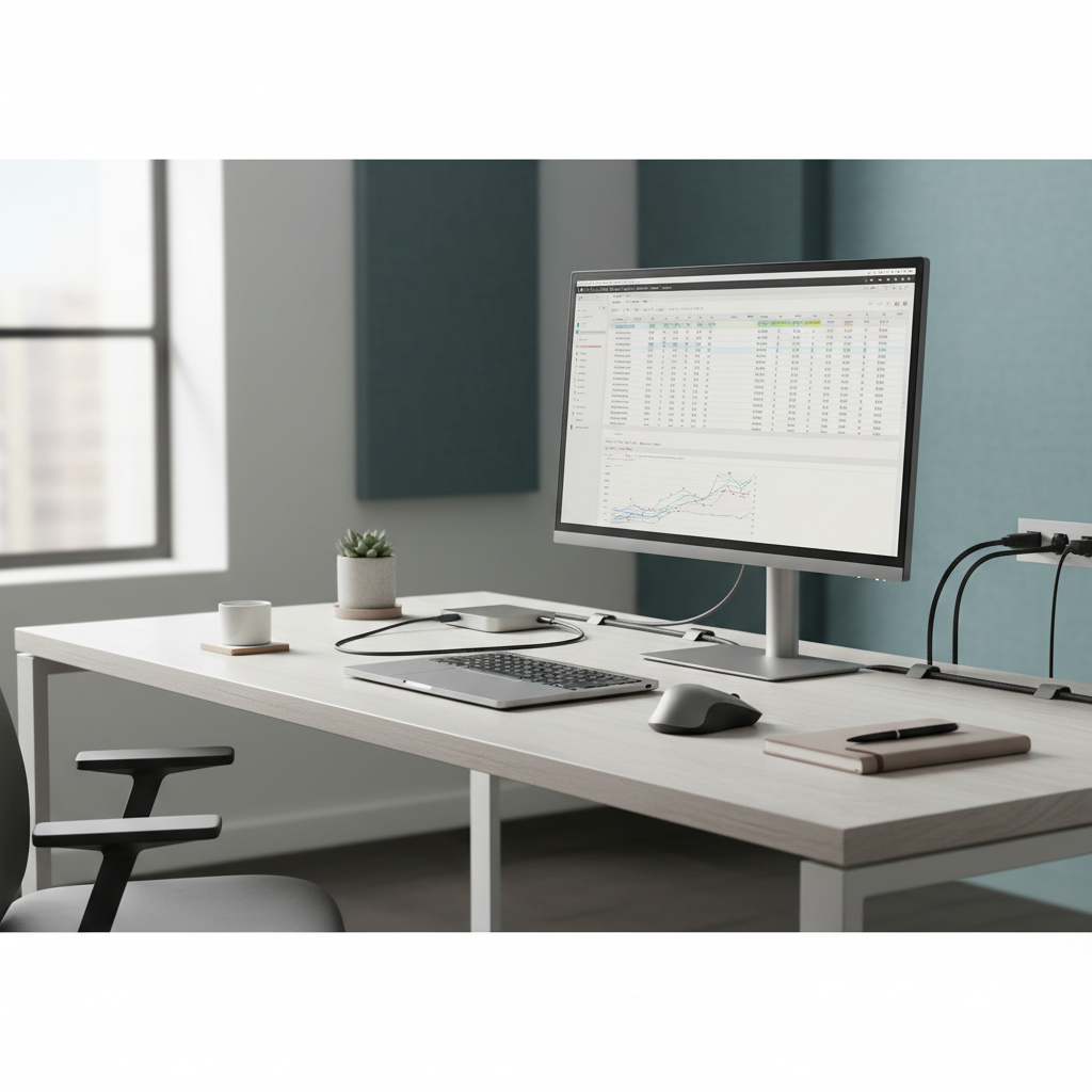 Minimalist one-cable laptop setup using USB-C hub with monitor and peripherals
