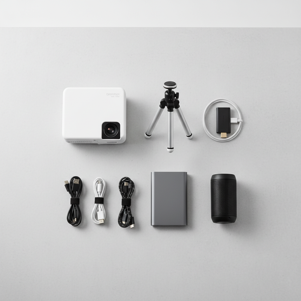 Budget portable projector setup with tripod, HDMI streaming stick, and small Bluetooth speaker