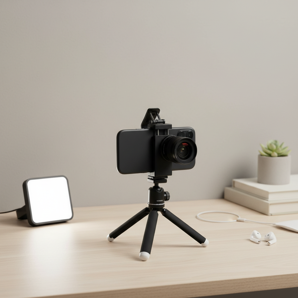 Smartphone vlogging rig with lens, tripod, and lighting for stable recording