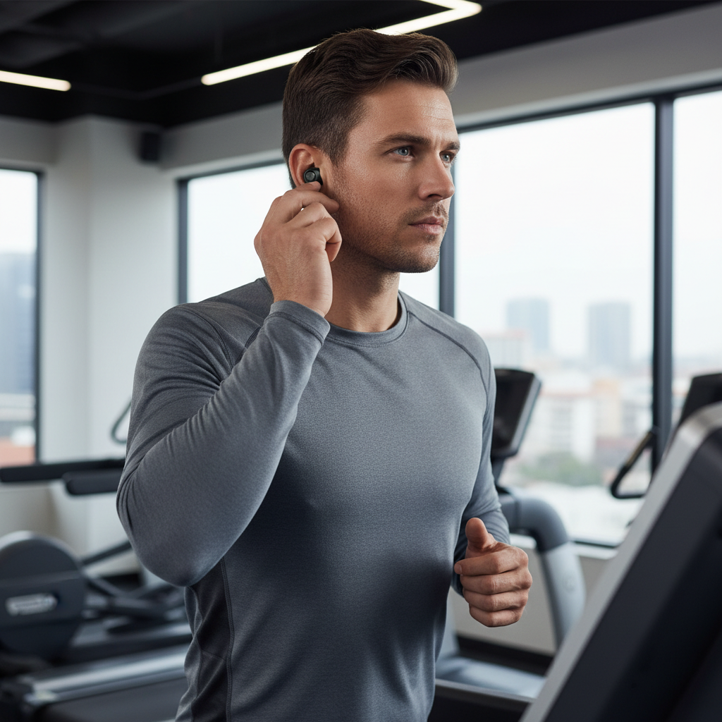 Runner adjusting wireless earbuds in a gym cardio area for secure fit