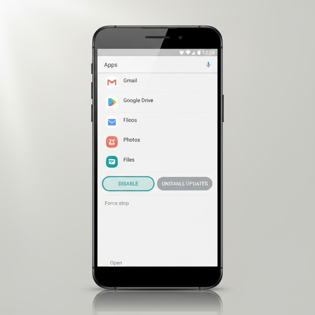 Android Settings screen showing Apps list and disable options for preinstalled apps