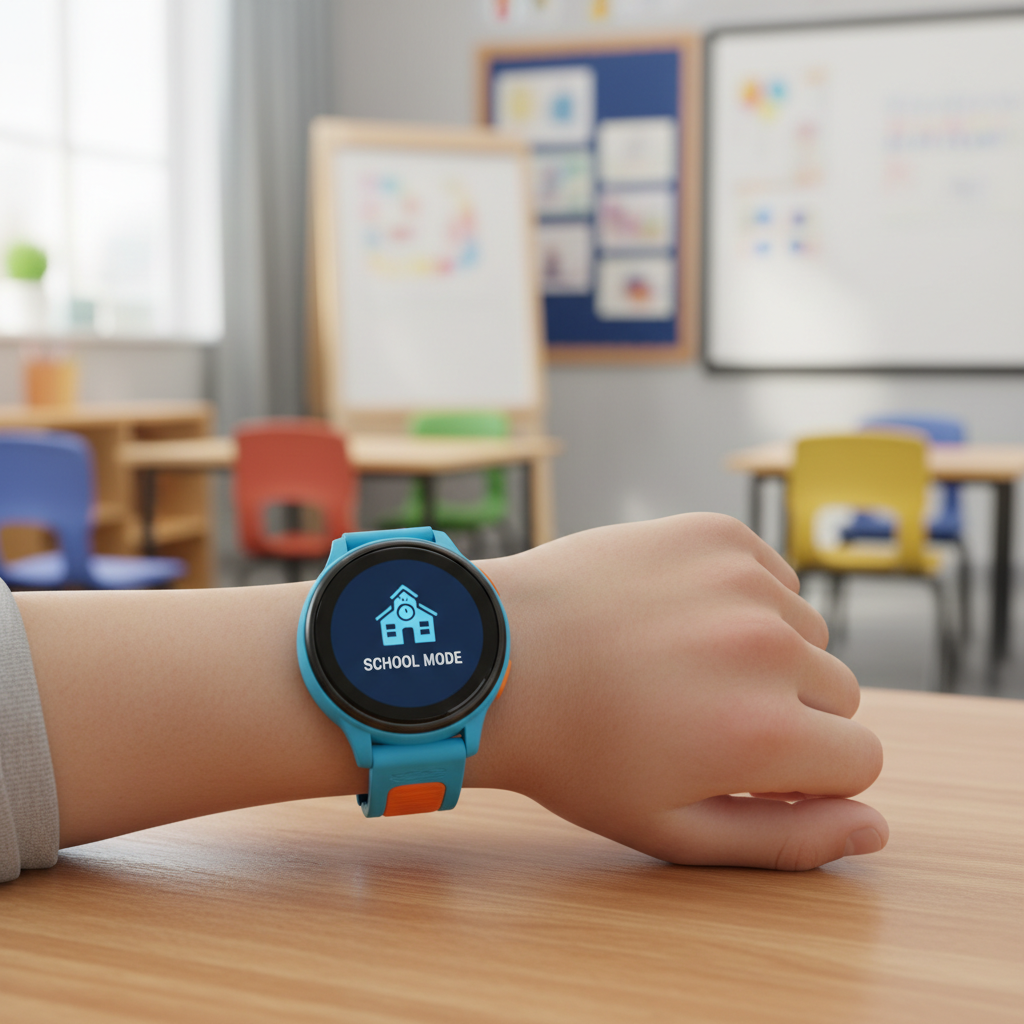 Kids GPS smartwatch on wrist with school mode enabled