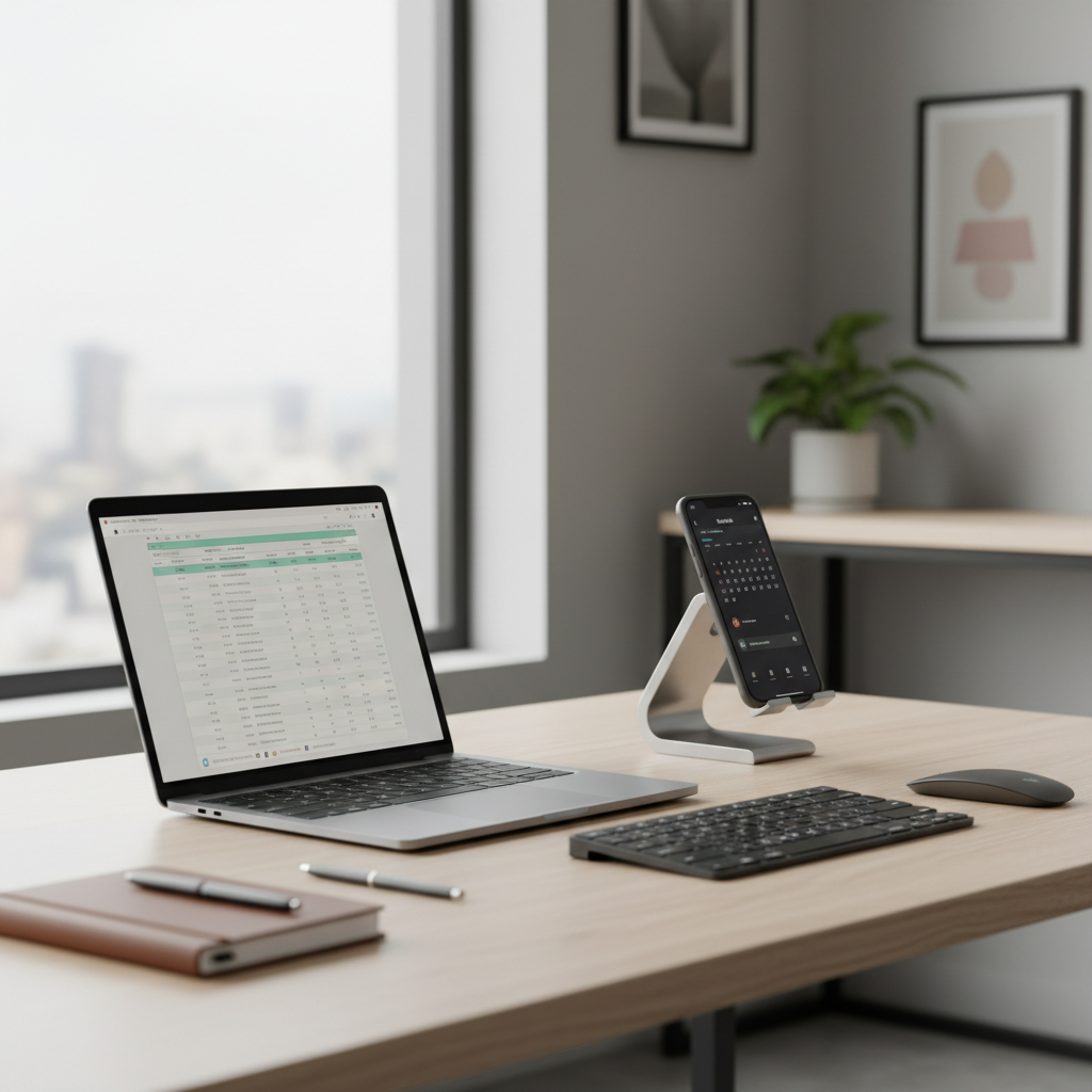 Modern office desk with a phone holder beside a laptop and keyboard