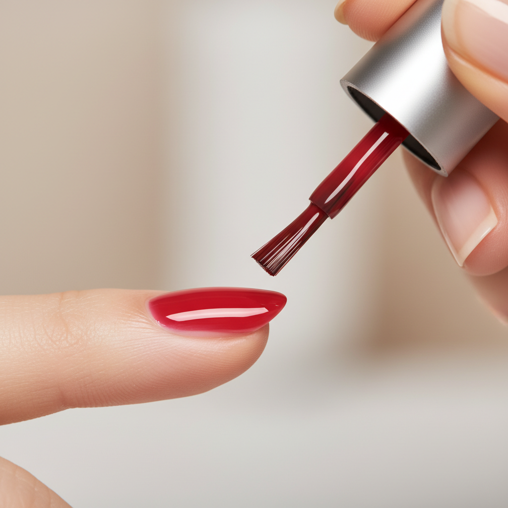 Close-up of nail polish brush applying a thin coat for a smooth at-home manicure