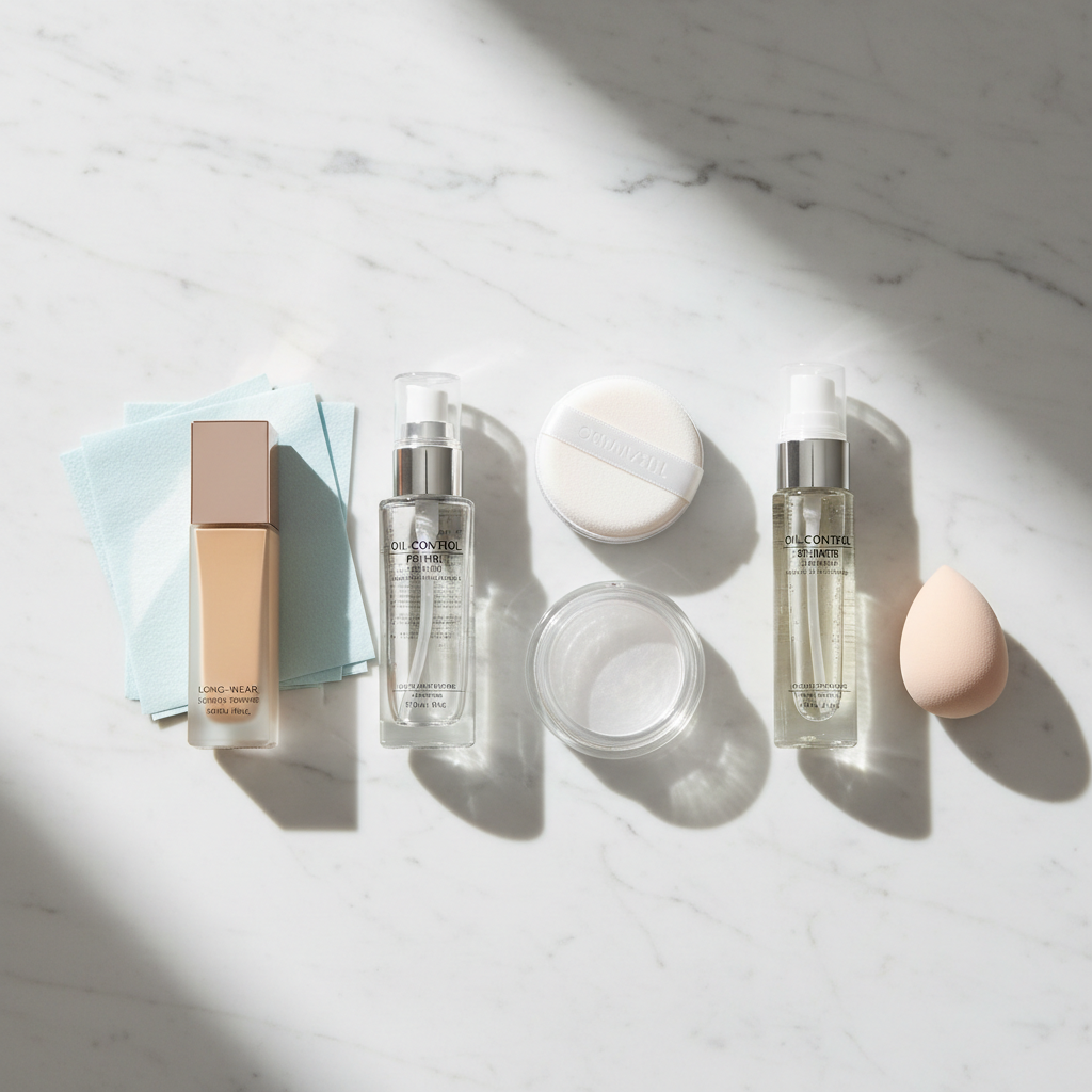 Makeup routine setup for oily skin longevity with primer and setting powder