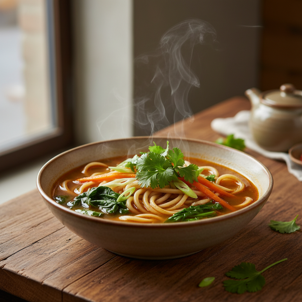 A steaming bowl of easy Tibetan thukpa noodle soup with vegetables and herbs
