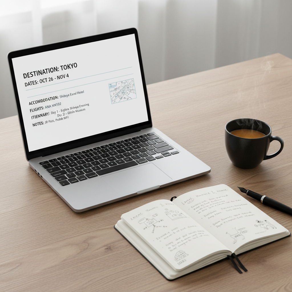 Travel journal entry template on a laptop next to notebook and coffee