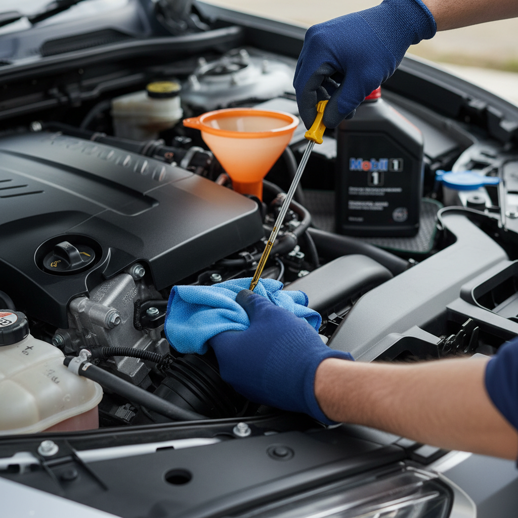Close-up of dipstick oil level check with clean rag and funnel in engine bay