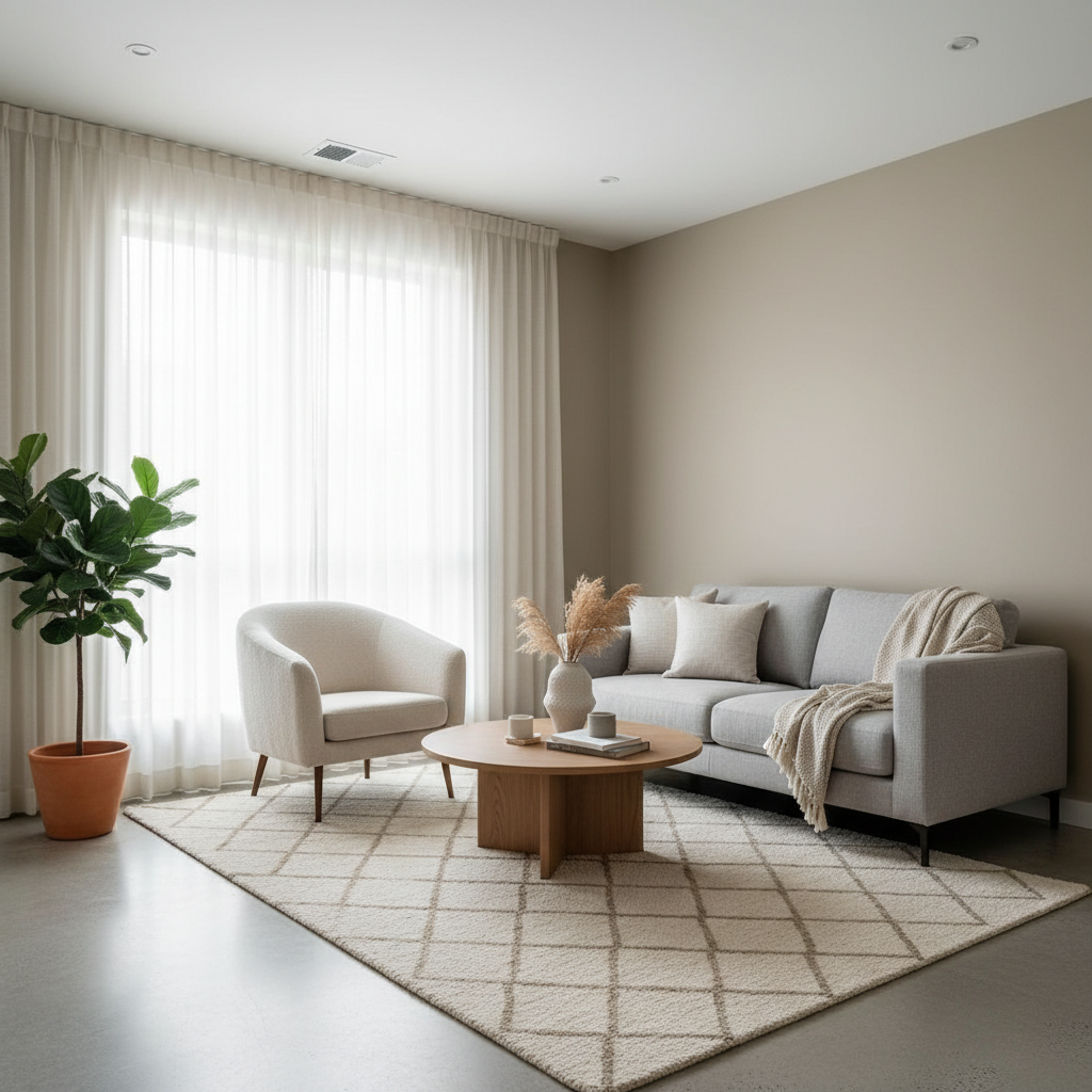 Small living room furniture layout with clear walkway and compact seating