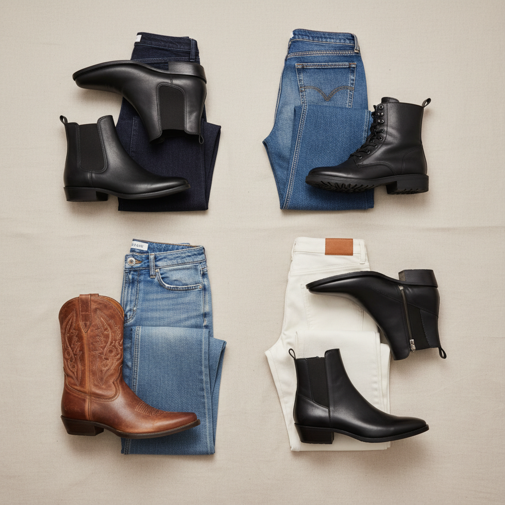 Different boot and jean silhouettes styled together on a neutral background