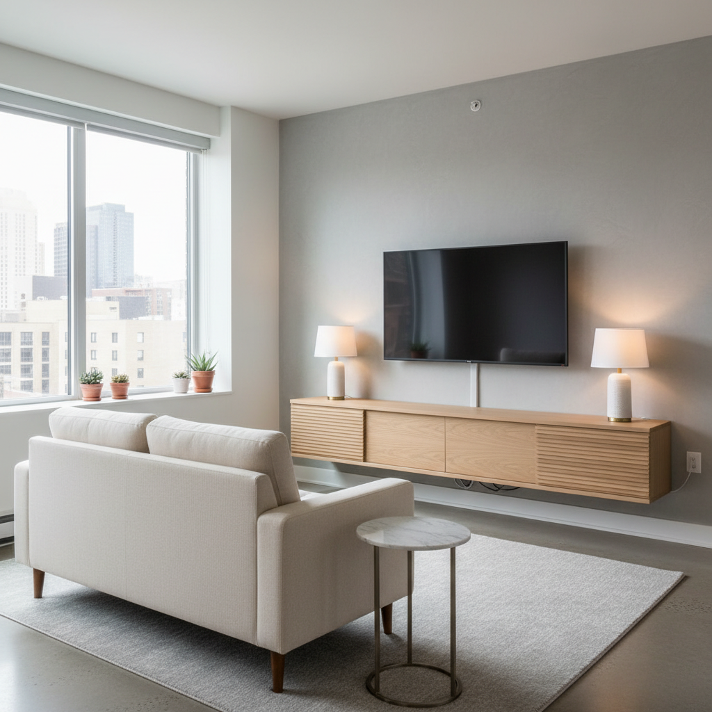 Small living room TV wall with floating console and cozy seating