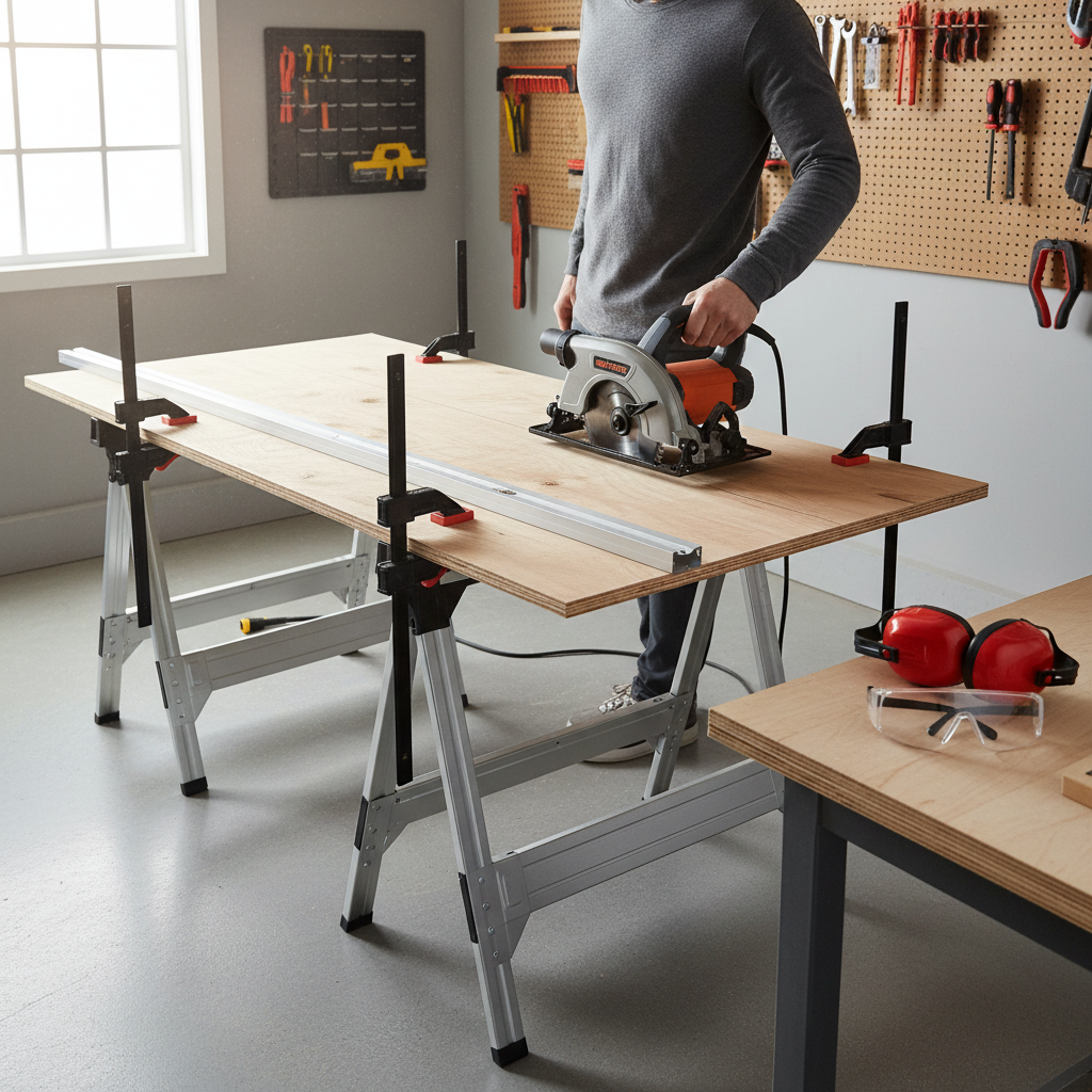Circular saw safety setup with clamps, eye protection, and proper work support