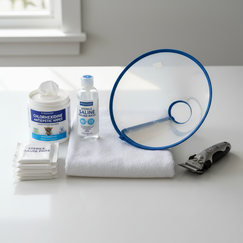 Pet-safe hot spot home care supplies including saline, chlorhexidine wipes, gauze, and an e-collar