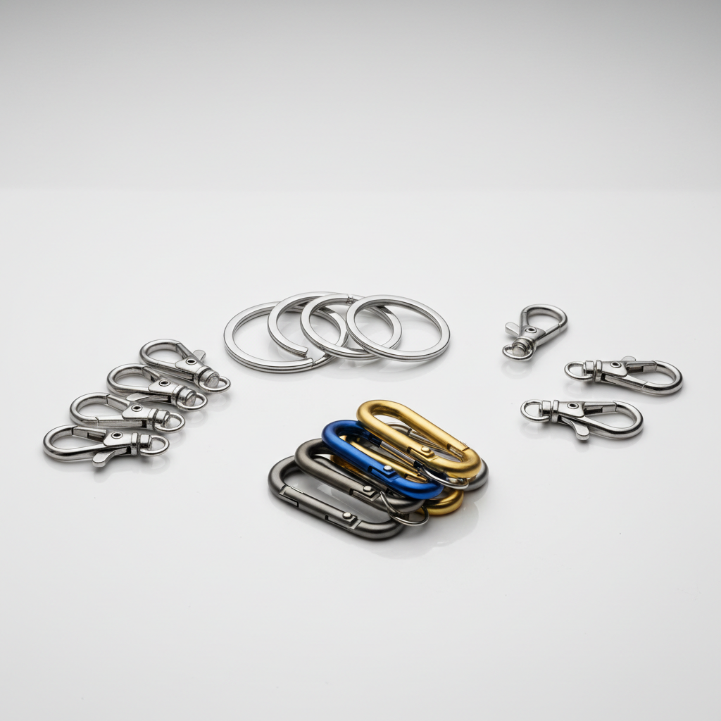 Comparison of keychain hardware: split rings, swivel clasps, and mini carabiners