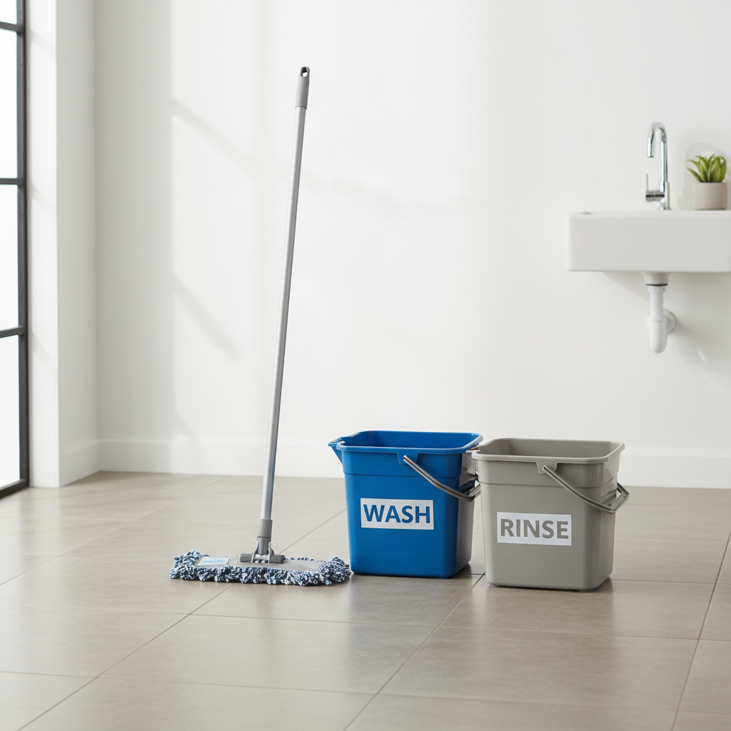 Two labeled buckets for wash and rinse next to a microfiber flat mop on tile floor