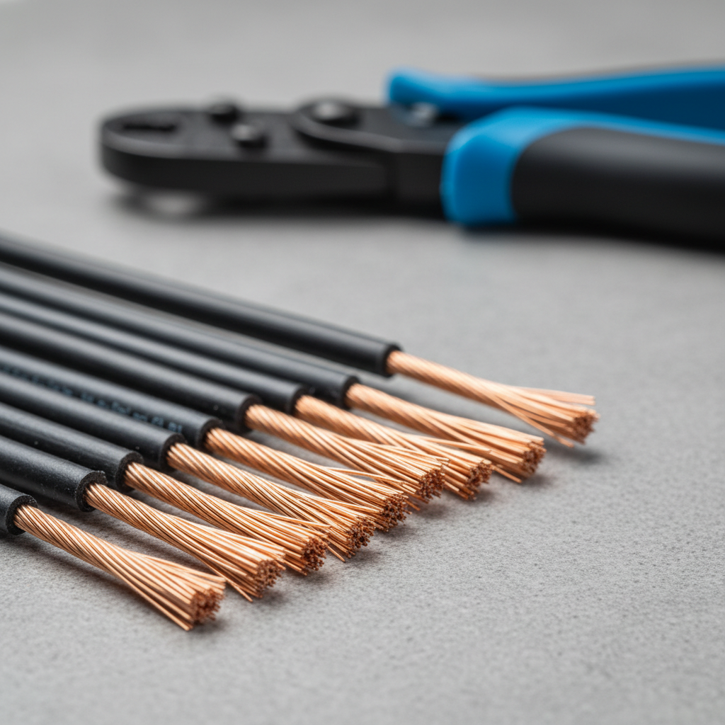 Close-up of cleanly stripped stranded copper wire ends ready for terminal connection