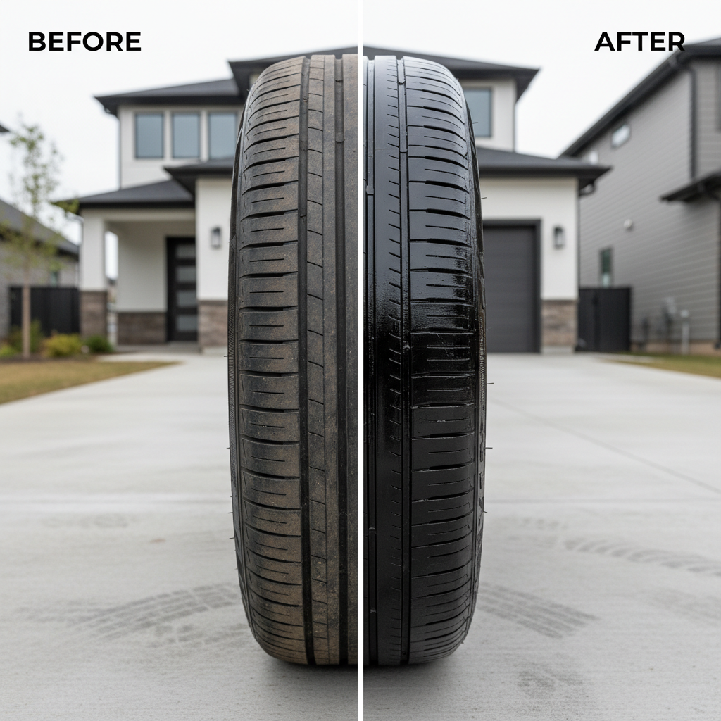 Close-up of clean tire sidewall before and after using tire shine gel