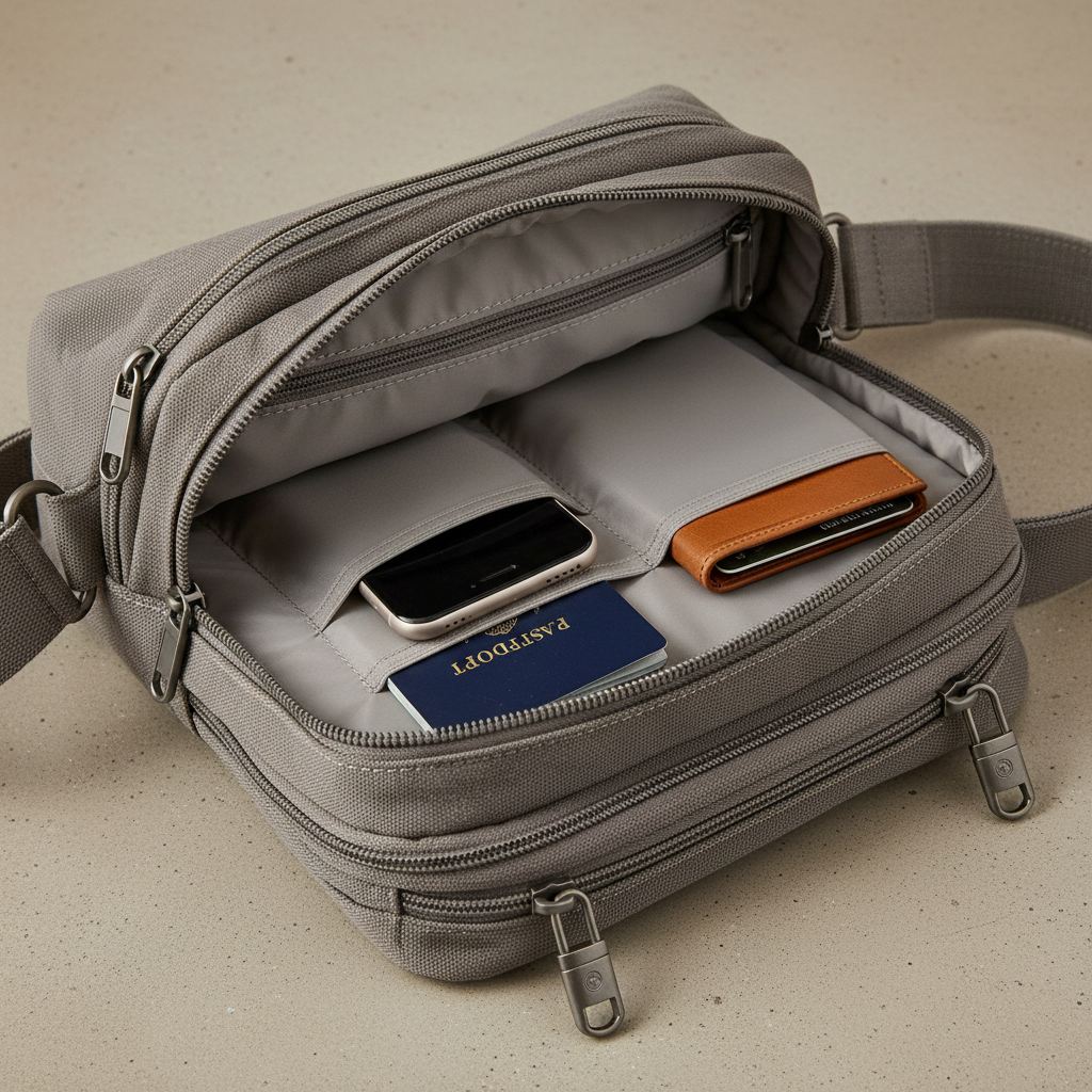 Close-up of crossbody bag features like lockable zippers and organized interior pockets